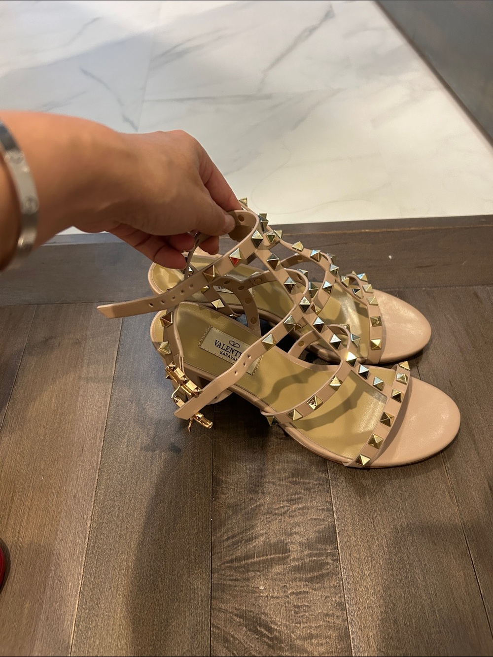 Inspired studded spike Nude Leather Rockstud Strappy Sandals with Gold Studs